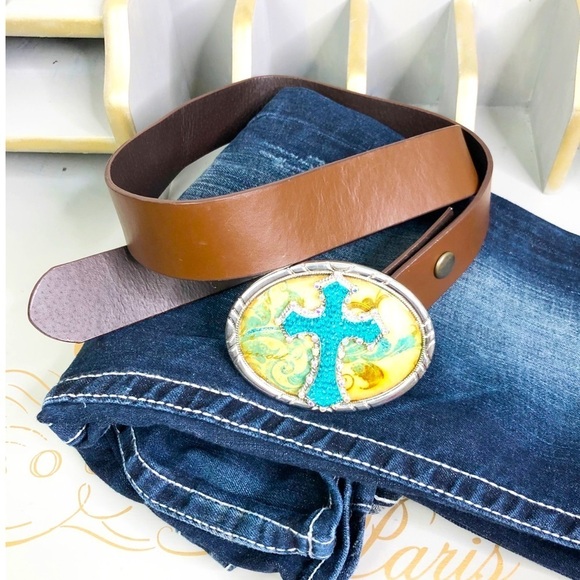 𝅺BROWN boho leather belt with rhinestone cross - Picture 1 of 12
